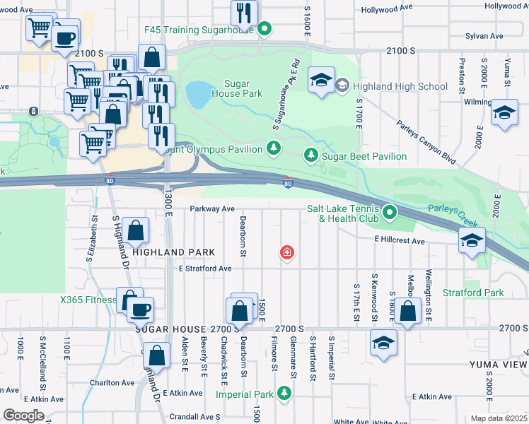 map of restaurants, bars, coffee shops, grocery stores, and more near 2465 South 15th East Street in Salt Lake City