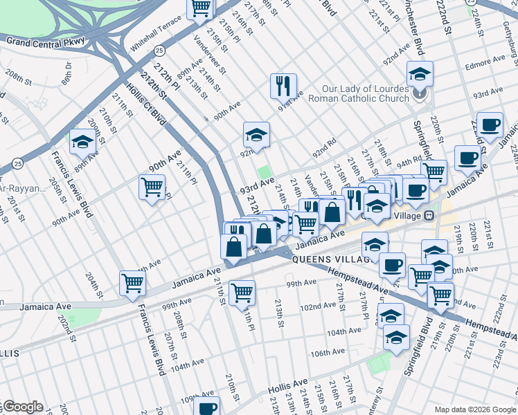 map of restaurants, bars, coffee shops, grocery stores, and more near 93-33 212th Place in Queens