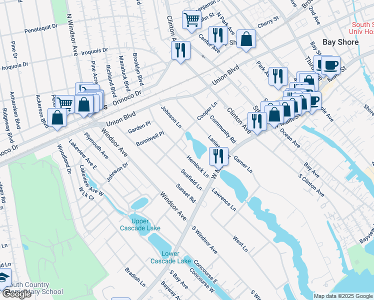 map of restaurants, bars, coffee shops, grocery stores, and more near 28 Hemlock Lane in Bay Shore