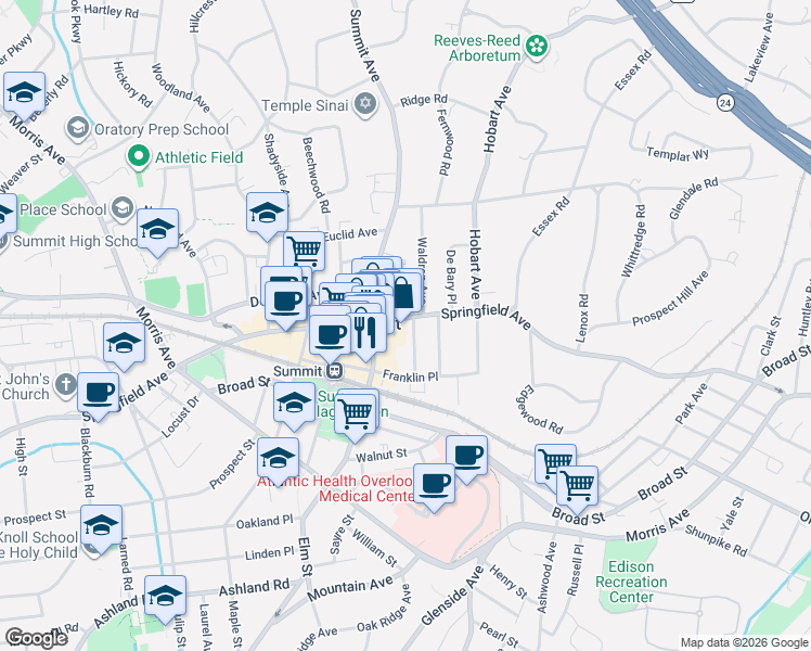 map of restaurants, bars, coffee shops, grocery stores, and more near 306 Springfield Avenue in Summit