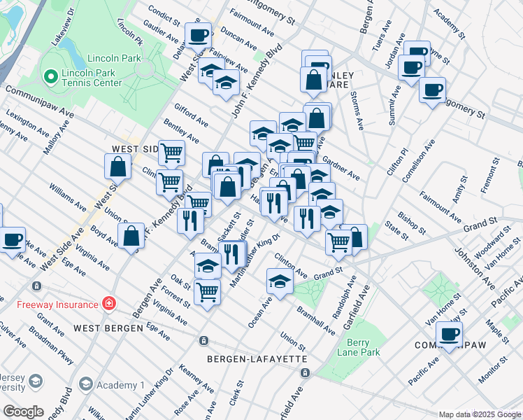 map of restaurants, bars, coffee shops, grocery stores, and more near 647 Communipaw Avenue in Jersey City