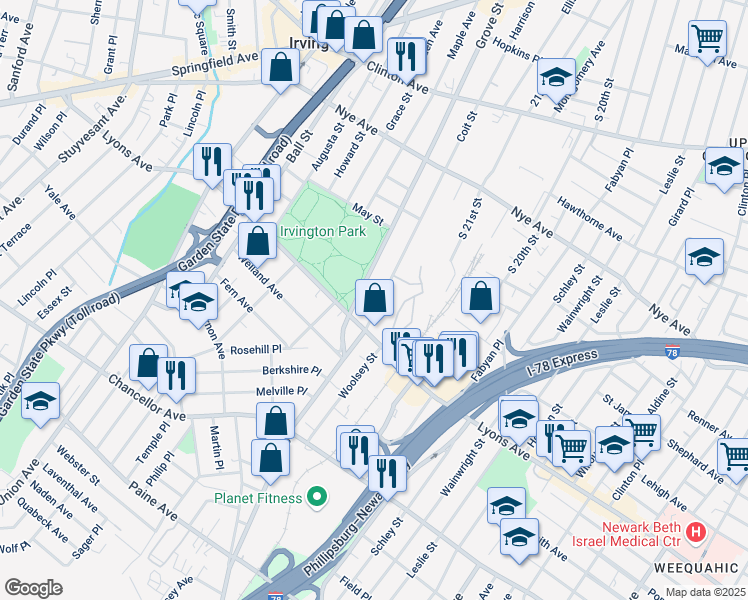 map of restaurants, bars, coffee shops, grocery stores, and more near 212 Coit St in Irvington