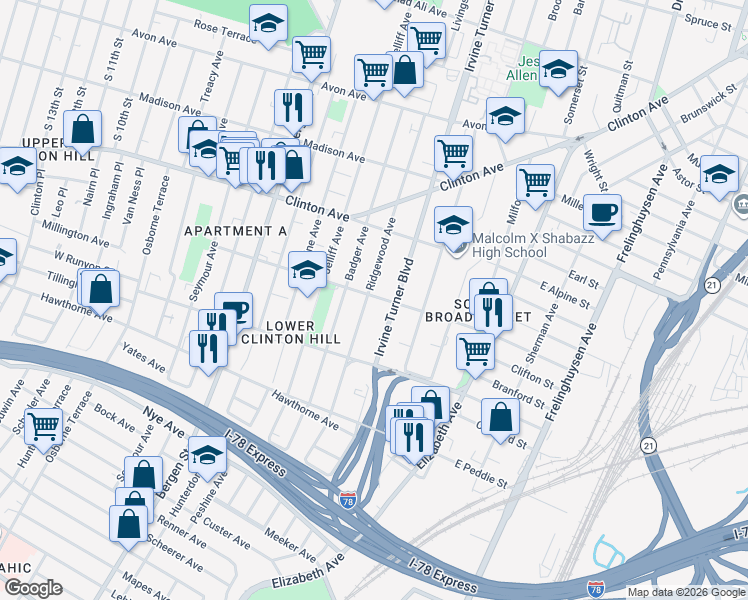 map of restaurants, bars, coffee shops, grocery stores, and more near 172 Ridgewood Avenue in Newark