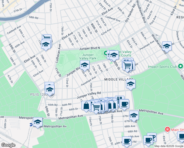 map of restaurants, bars, coffee shops, grocery stores, and more near 63-61 76th Street in Queens