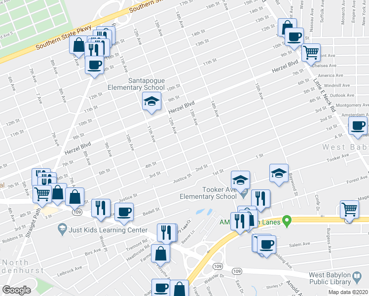 map of restaurants, bars, coffee shops, grocery stores, and more near 1202 4th Street in West Babylon
