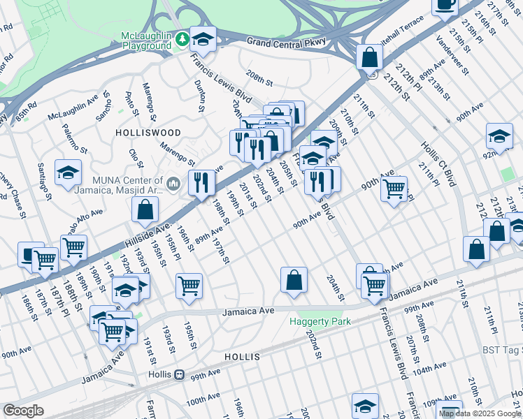 map of restaurants, bars, coffee shops, grocery stores, and more near 89-25 201st Street in Queens