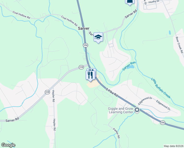 map of restaurants, bars, coffee shops, grocery stores, and more near 110 South Pike Road in Sarver