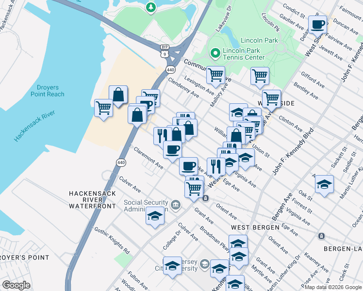map of restaurants, bars, coffee shops, grocery stores, and more near 80 Clarke Avenue in Jersey City