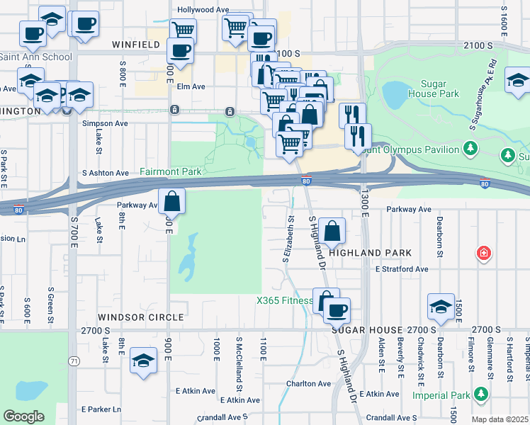 map of restaurants, bars, coffee shops, grocery stores, and more near 2434 South Elizabeth Street in Salt Lake City