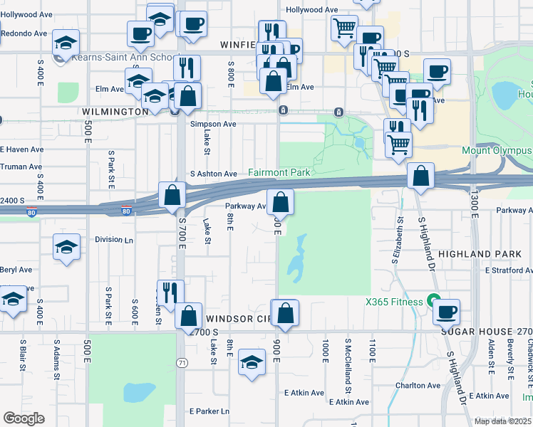 map of restaurants, bars, coffee shops, grocery stores, and more near 2446 900 East in Salt Lake City