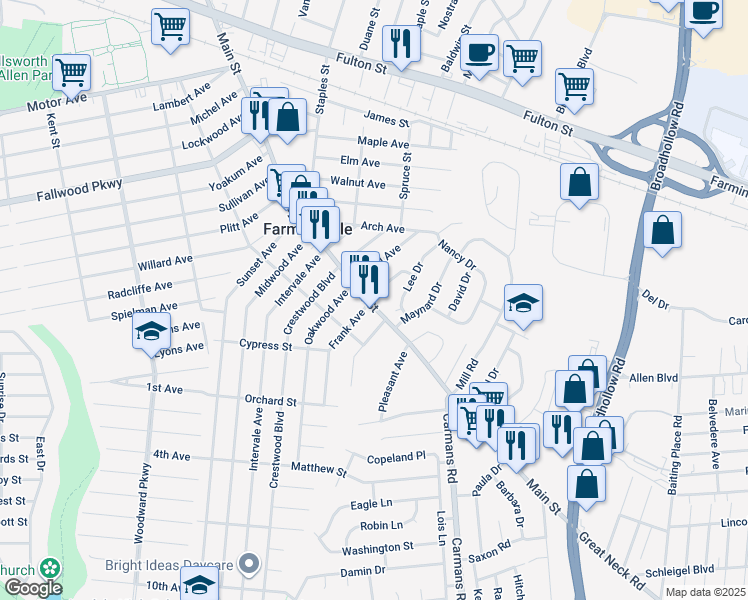 map of restaurants, bars, coffee shops, grocery stores, and more near 3 Junard Drive in Farmingdale
