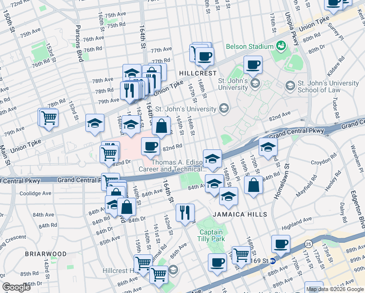 map of restaurants, bars, coffee shops, grocery stores, and more near 82-74 165th Street in Queens