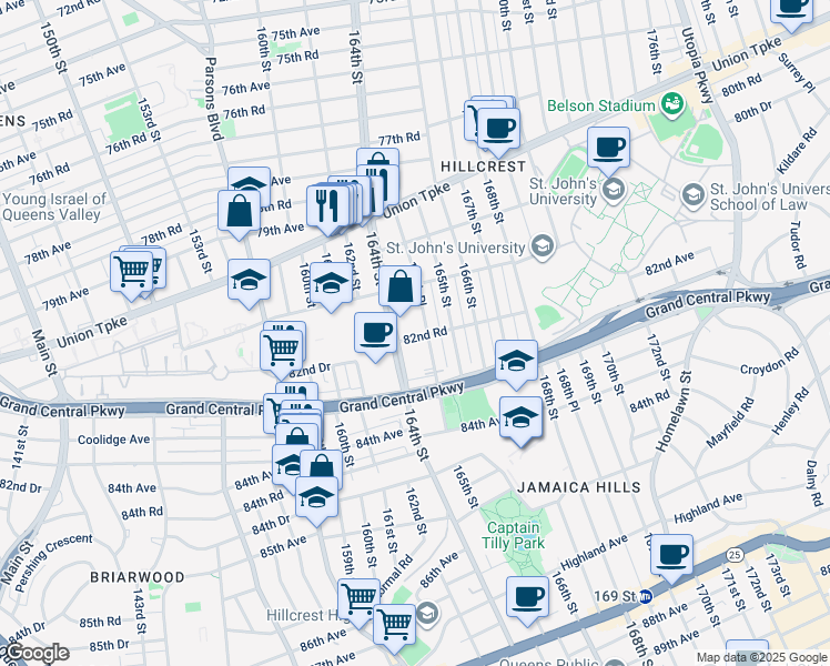 map of restaurants, bars, coffee shops, grocery stores, and more near 82-65 164th Street in Queens