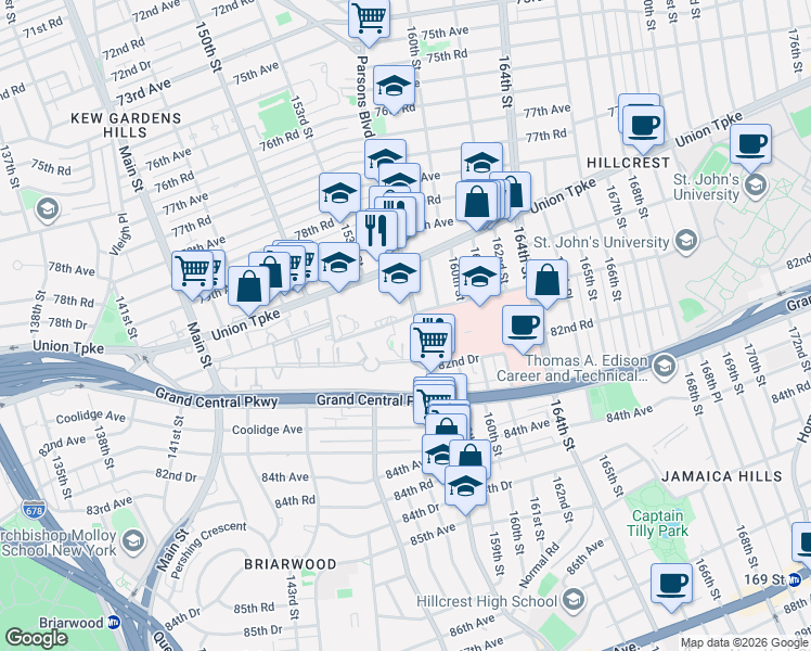 map of restaurants, bars, coffee shops, grocery stores, and more near 150-81 Village Road in Queens