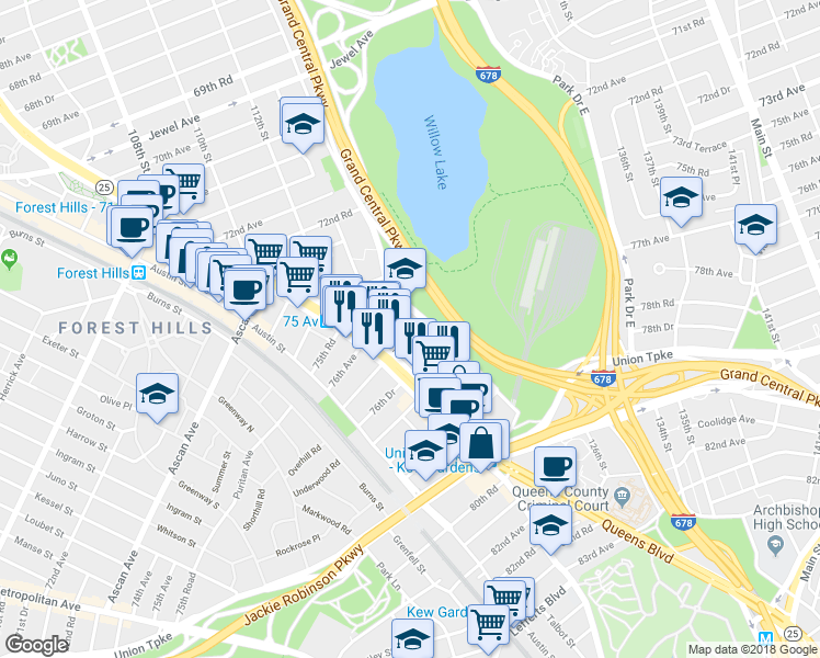 map of restaurants, bars, coffee shops, grocery stores, and more near 113-29 Queens Boulevard in Queens
