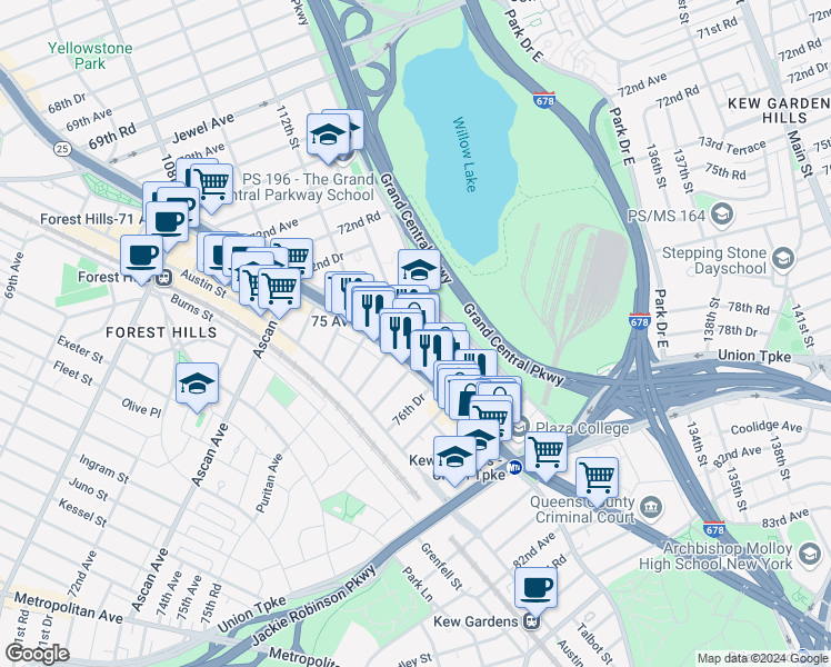 map of restaurants, bars, coffee shops, grocery stores, and more near 113-29 Queens Boulevard in Queens