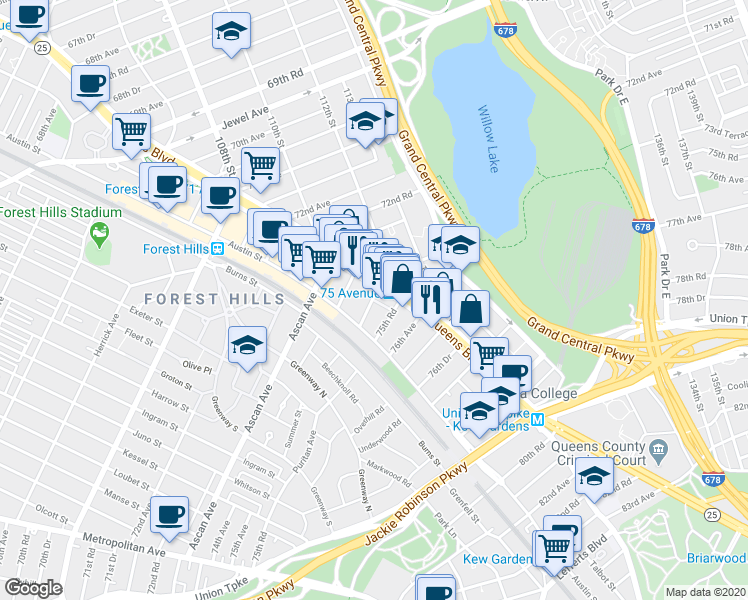 map of restaurants, bars, coffee shops, grocery stores, and more near 11204 New York 25 Service in Queens