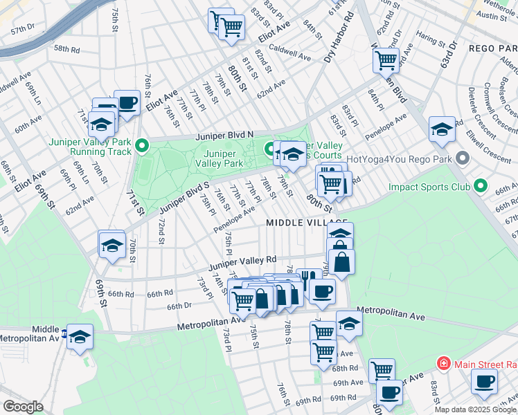 map of restaurants, bars, coffee shops, grocery stores, and more near 77-31 Furmanville Avenue in Queens