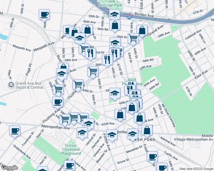 map of restaurants, bars, coffee shops, grocery stores, and more near 60-38 59th Drive in Queens