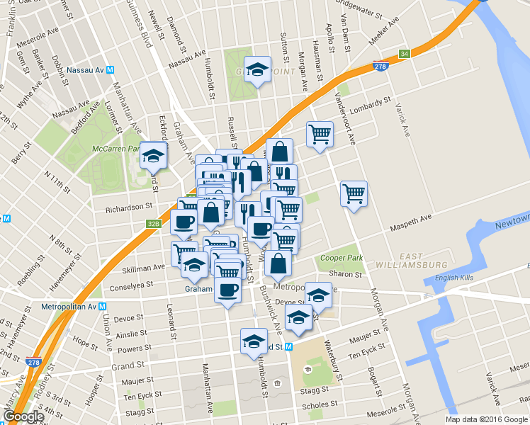 map of restaurants, bars, coffee shops, grocery stores, and more near 222 Withers Street in Brooklyn