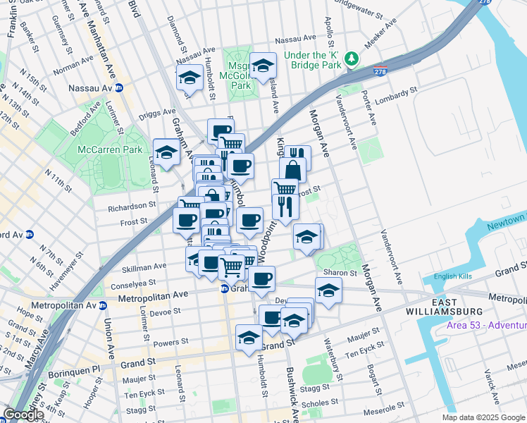 map of restaurants, bars, coffee shops, grocery stores, and more near 222 Withers Street in Brooklyn