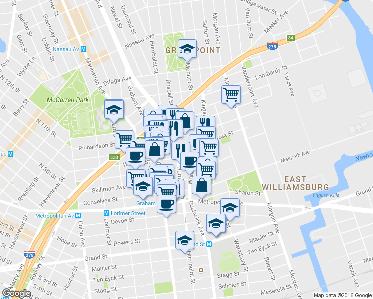 map of restaurants, bars, coffee shops, grocery stores, and more near 222 Withers Street in Brooklyn