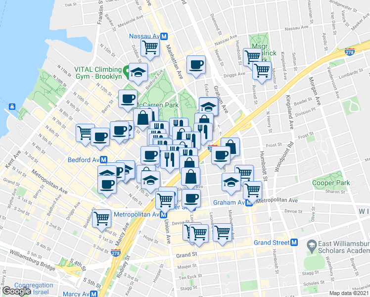 map of restaurants, bars, coffee shops, grocery stores, and more near 689 Lorimer Street in Brooklyn