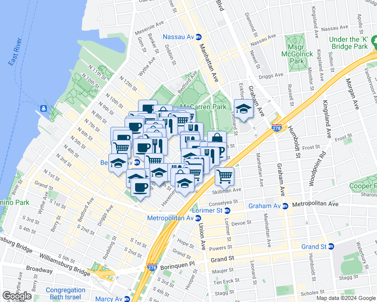 map of restaurants, bars, coffee shops, grocery stores, and more near 236 North 10th Street in Brooklyn