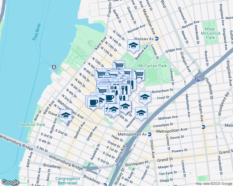 map of restaurants, bars, coffee shops, grocery stores, and more near 534 Driggs Avenue in Brooklyn