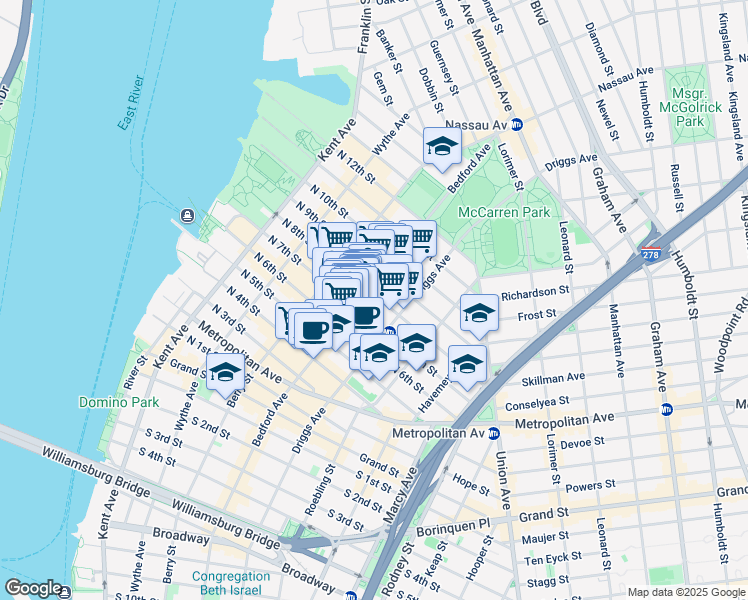 map of restaurants, bars, coffee shops, grocery stores, and more near 155 North 7th Street in Brooklyn