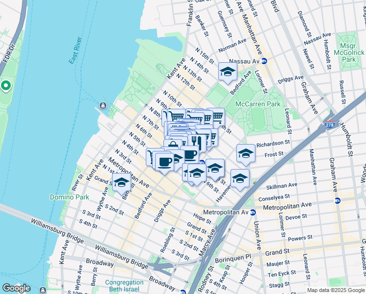 map of restaurants, bars, coffee shops, grocery stores, and more near 184 Bedford Avenue in Brooklyn