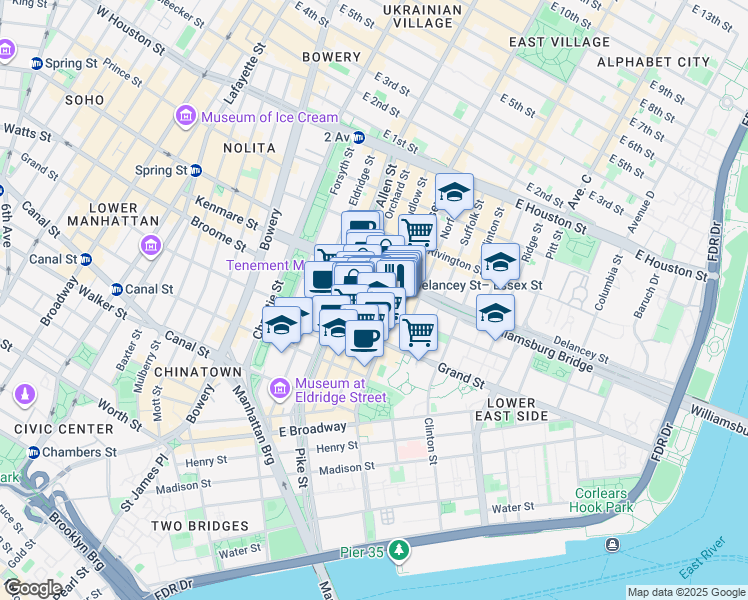 map of restaurants, bars, coffee shops, grocery stores, and more near 224 Broome Street in New York