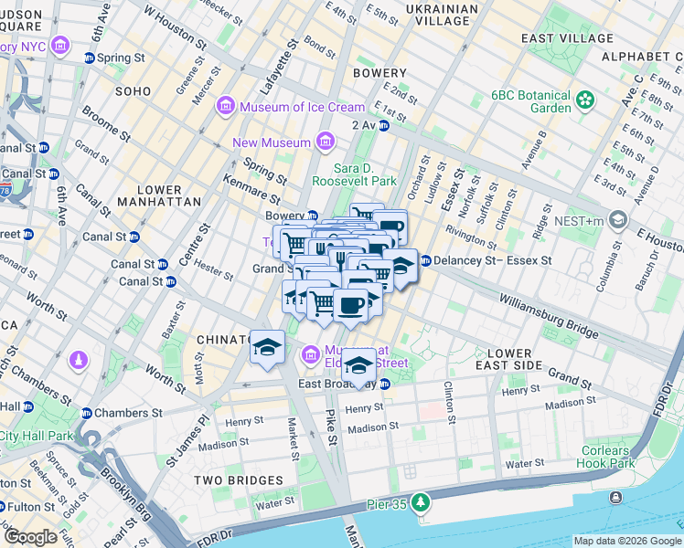 map of restaurants, bars, coffee shops, grocery stores, and more near 297 Grand Street in New York