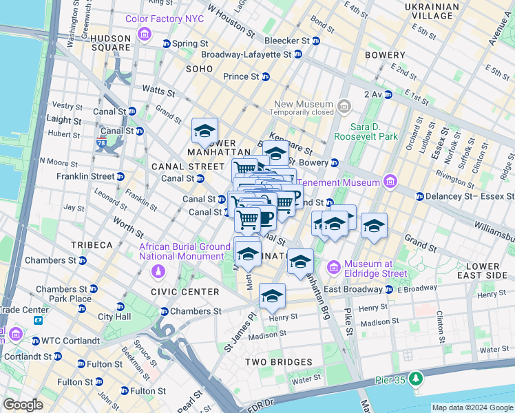 map of restaurants, bars, coffee shops, grocery stores, and more near in New York