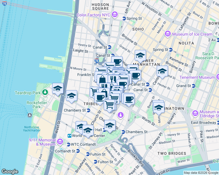 map of restaurants, bars, coffee shops, grocery stores, and more near 66 Leonard Street in New York