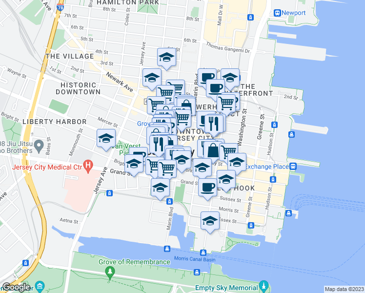 map of restaurants, bars, coffee shops, grocery stores, and more near 201 Montgomery Street in Jersey City
