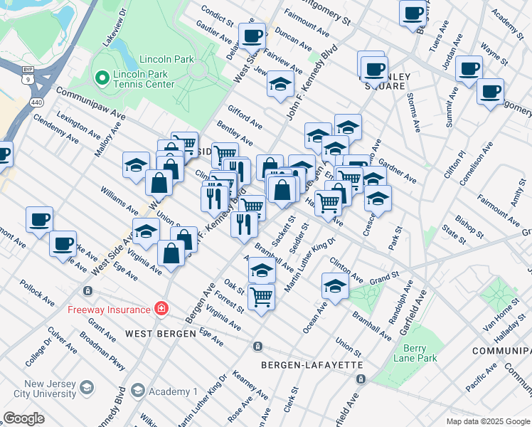 map of restaurants, bars, coffee shops, grocery stores, and more near 467 Bergen Avenue in Jersey City