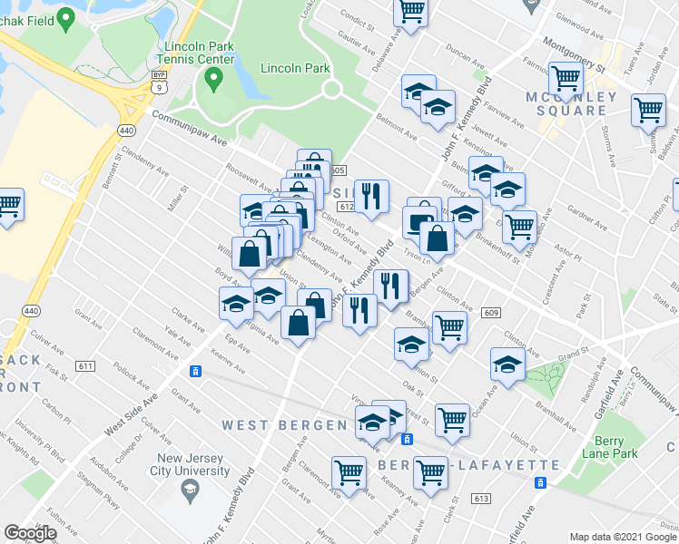 map of restaurants, bars, coffee shops, grocery stores, and more near 57 Clendenny Avenue in Jersey City