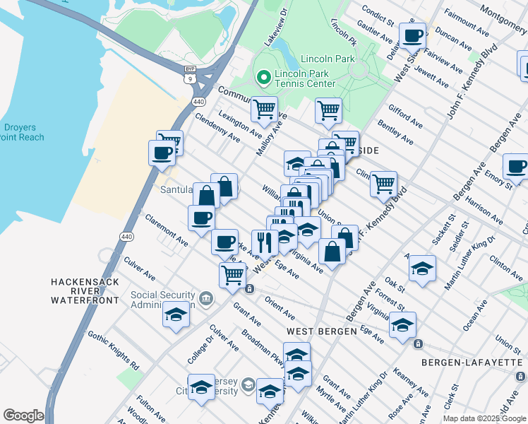 map of restaurants, bars, coffee shops, grocery stores, and more near 290 Virginia Avenue in Jersey City