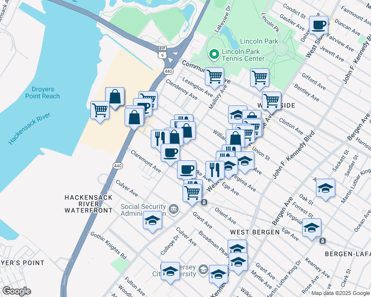 map of restaurants, bars, coffee shops, grocery stores, and more near 80 Clarke Avenue in Jersey City
