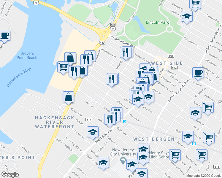 map of restaurants, bars, coffee shops, grocery stores, and more near 80 Clarke Avenue in Jersey City
