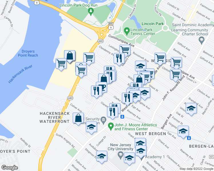 map of restaurants, bars, coffee shops, grocery stores, and more near 80 Clarke Avenue in Jersey City