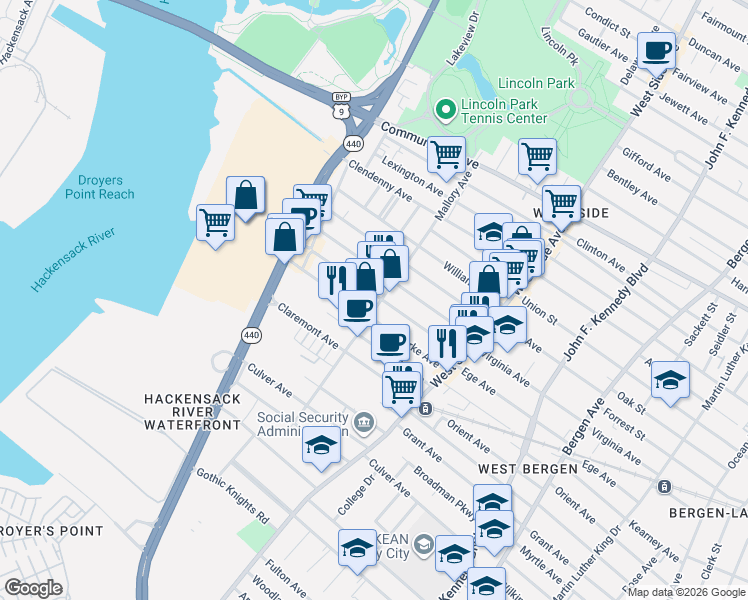map of restaurants, bars, coffee shops, grocery stores, and more near 80 Clarke Avenue in Jersey City