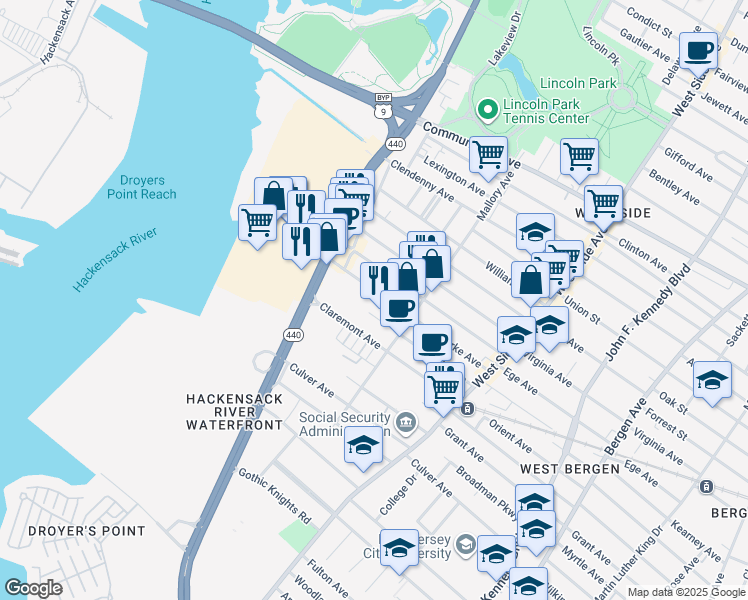 map of restaurants, bars, coffee shops, grocery stores, and more near 96 Yale Avenue in Jersey City