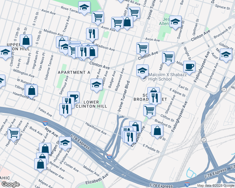 map of restaurants, bars, coffee shops, grocery stores, and more near 172 Ridgewood Avenue in Newark