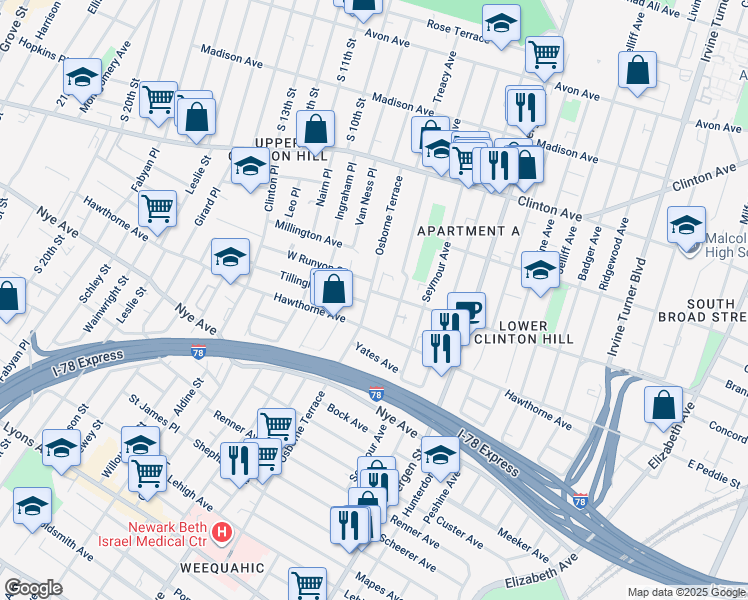 map of restaurants, bars, coffee shops, grocery stores, and more near 147 Osborne Terrace in Newark