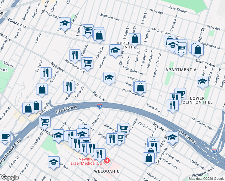 map of restaurants, bars, coffee shops, grocery stores, and more near 24 Patten Place in Newark
