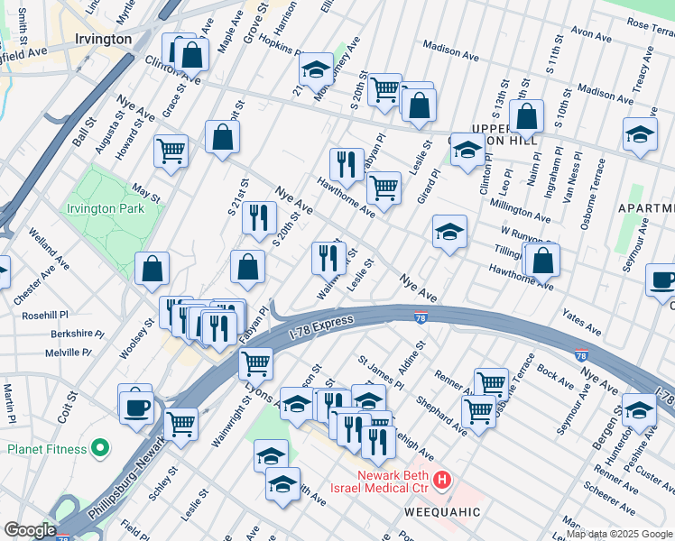 map of restaurants, bars, coffee shops, grocery stores, and more near 103 Bragaw Avenue in Newark