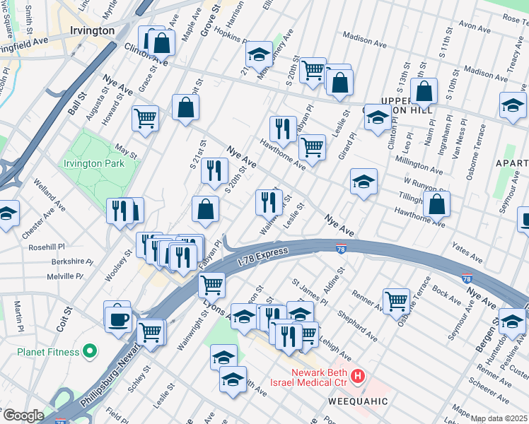 map of restaurants, bars, coffee shops, grocery stores, and more near 86 Schley Street in Newark
