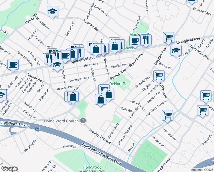 map of restaurants, bars, coffee shops, grocery stores, and more near 25 Toronto Court in Maplewood